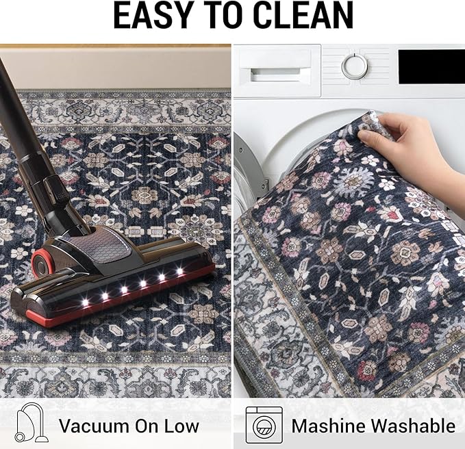 KUTA Vintage Floral Entryway Rug 2x3, Kitchen Rugs Non-Slip Washable Throw Rug, Grey Black Beige Ultra Thin Soft Print Front Door Mat Indoor Doormat for Entrance, Bedside, or Small Spaces