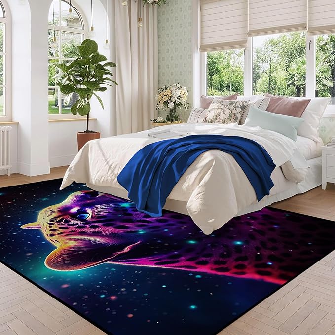 6' x 9' Galaxy Leopard Rug Fierce Panther Area Rugs for Boys Kids Bedroom Living Room Gameroom Girls Space Glitter Carpet Floor Mat Throw Rugs,180 X 275cm