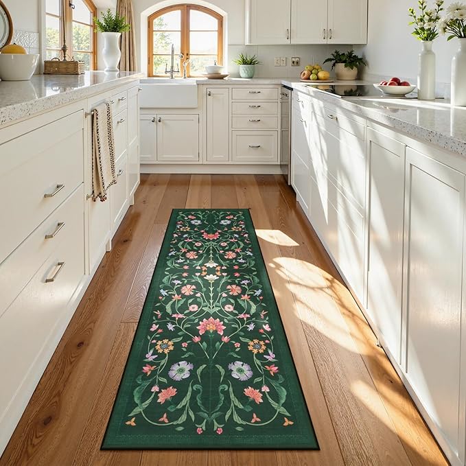 LIVEBOX Kitchen Runner Rug - Boho Floral 2x6 Runners for Hallways, Non-Slip Washable Rug, Soft Low-Pile Carpet Runner for Entryway Hallway Bedroom Laundry Room Farmhouse(2x6 ft, Green)