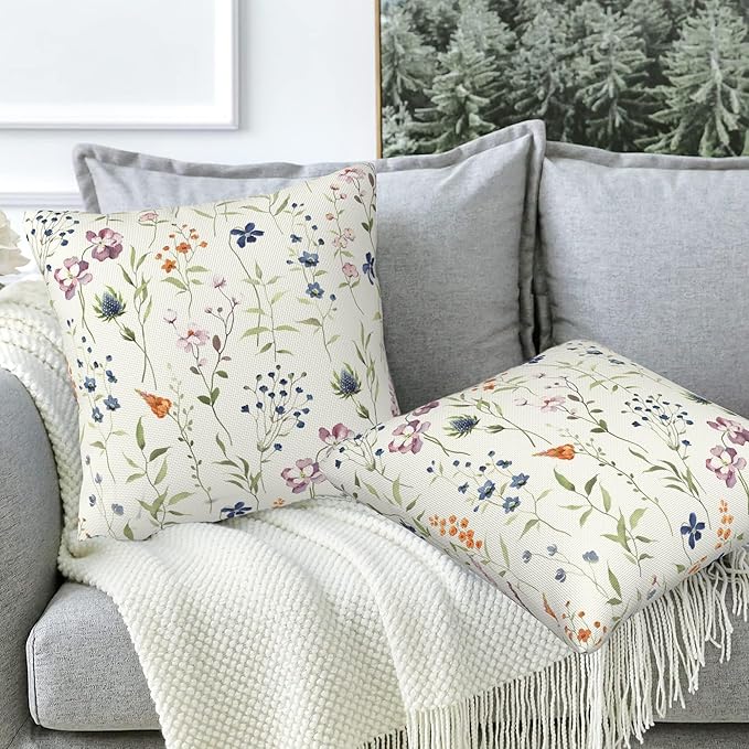 Throw Pillow Covers Spring Summer Floral Pillow Covers 20x20 Inch Set of 2 Watercolor Flowers Throw Pillows Decorative Pillow Cases Cushion Covers for Bedroom Livingroom Sofa Farm House