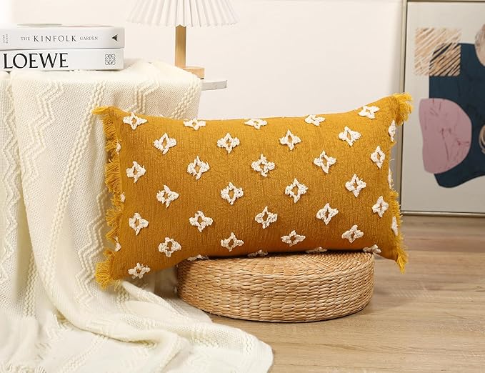 Boho Long Lumbar Pillow Cover 14x28 with Tassel,3D Flower Patterned Cotton Decorative Long Lumbar Pillow Cover Pillow Case for Sofa Couch Bed Livingroom Farmhouse,Yellow