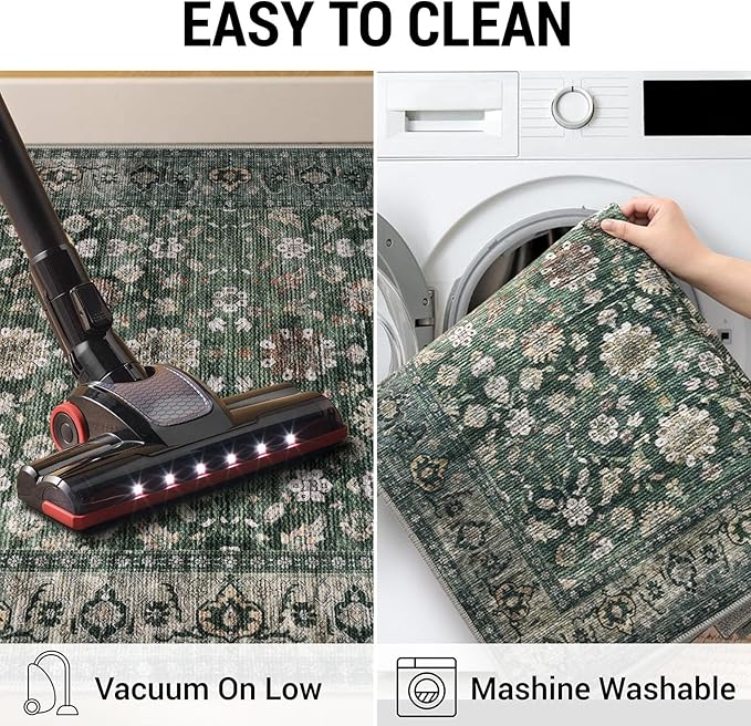 KUTA Runners for Hallways 2x6 Dark Green, Vintage Floral Rug Non-Slip Washable Kitchen Rugs Ultra Thin Soft Printed Retro Distressed Flower Carpet Entryway Rugs for Bedroom Laundry Nursery