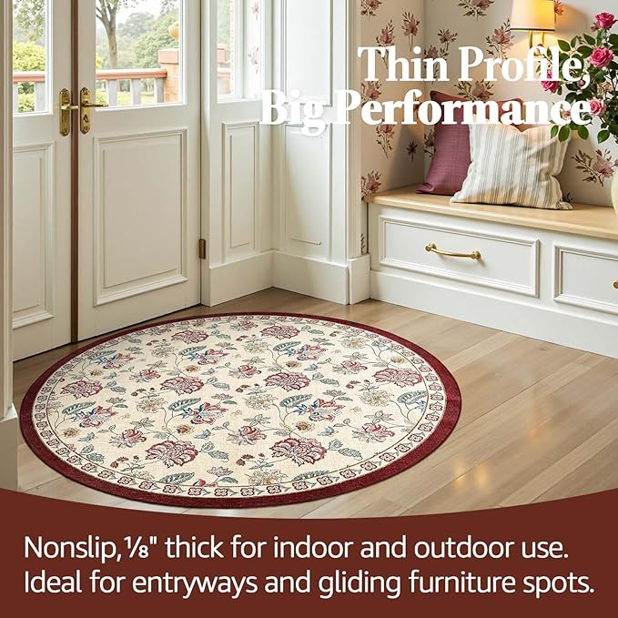 jinchan Elora 4ft Floral Round Rug for Entryway Washable Rug Vintage Romance Christmas Design Non Slip Indoor Doormat Lightweight Low-Profile Throw Carpet for Living Room Dining Room, Red/Beige