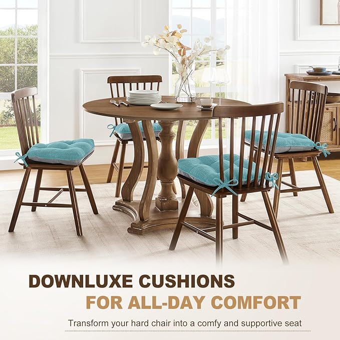 downluxe Indoor Chair Cushions for Dining Chairs, Tufted Overstuffed Textured Foam Kitchen Chair Pads with Ties and Non-Slip Backing, 15.5" x 15.5" x 4", Aqua Blue, 4 Pack
