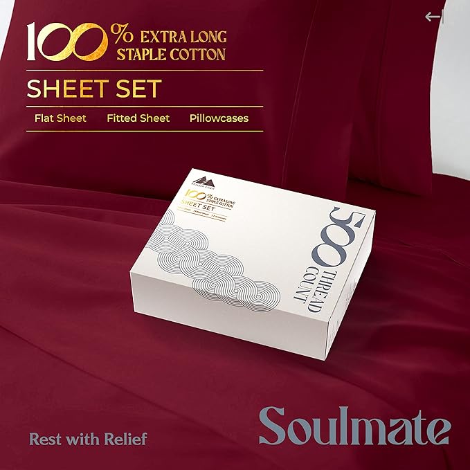 Mayfair Linen 500 Thread Count Twin Cotton Sheets - 3 PC Twin Size Bed Sheet Set Cotton (Burgundy), Soft, Cooling, Sateen Hotel-Quality 16" Deep Pocket Bedsheet for Hot Sleepers (Fits 18" Mattress)