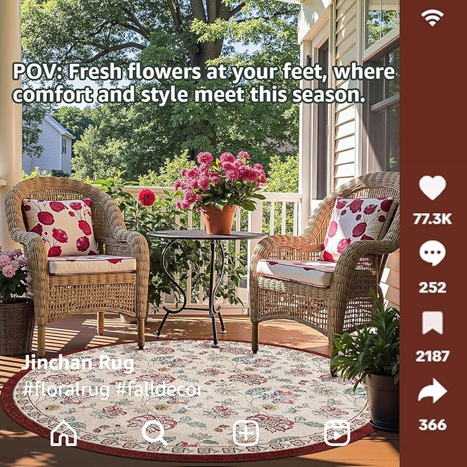 jinchan Elora 4ft Floral Round Rug for Entryway Washable Rug Vintage Romance Christmas Design Non Slip Indoor Doormat Lightweight Low-Profile Throw Carpet for Living Room Dining Room, Red/Beige