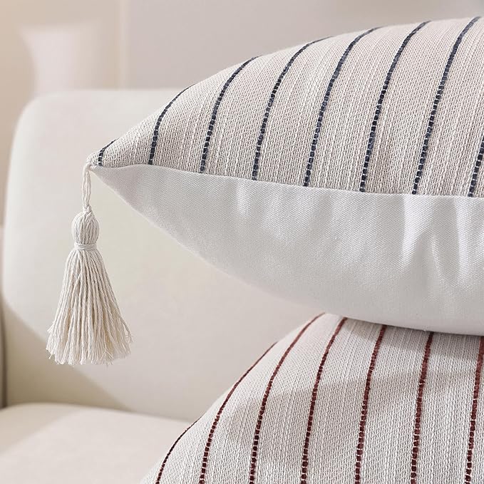 Boho Throw Pillow Covers 18x18 Inch Set of 2, Burgundy Textured Linen Striped Square Pillow Covers with Tassels, Soft & Cozy Farmhouse Décor Pillow Cases for Sofa Couch Bed Living Room Christmas