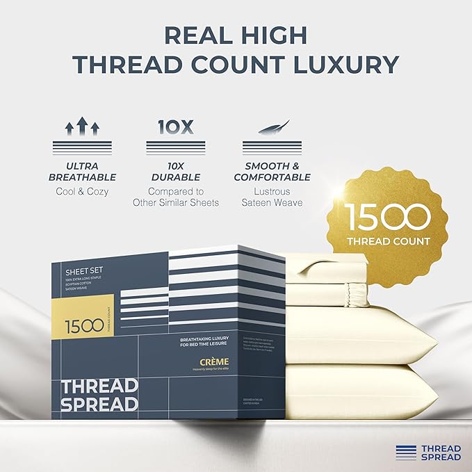THREAD SPREAD 100% Egyptian Cotton King Size Sheets Set - Luxury 1500 Thread Count Egyptian Cotton Sheets King Size, 17" Deep Pocket, Soft, Cooling Sateen Weave Hotel Quality Bedding Set - Ivory