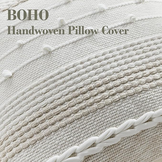 Boho Pillow Cover 18x18 Beige - Handmade Woven Textured Throw Pillow Case with Cordings & Tassels, Decorative Accent for Couch Sofa Farmhouse Living Room Home Decor