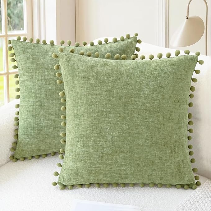 CaliTime Throw Pillow Covers Decorative 20 X 20 Inches Pack of 2 Cozy Solid Dyed Soft Chenille Cushion Cases with Pom Poms for Couch Sofa Bed Living Room Home Sage