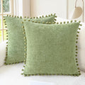 CaliTime Throw Pillow Covers Decorative 18 X 18 Inches Pack of 2 Cozy Solid Dyed Soft Chenille Cushion Cases with Pom Poms for Couch Sofa Bed Living Room Home Sage