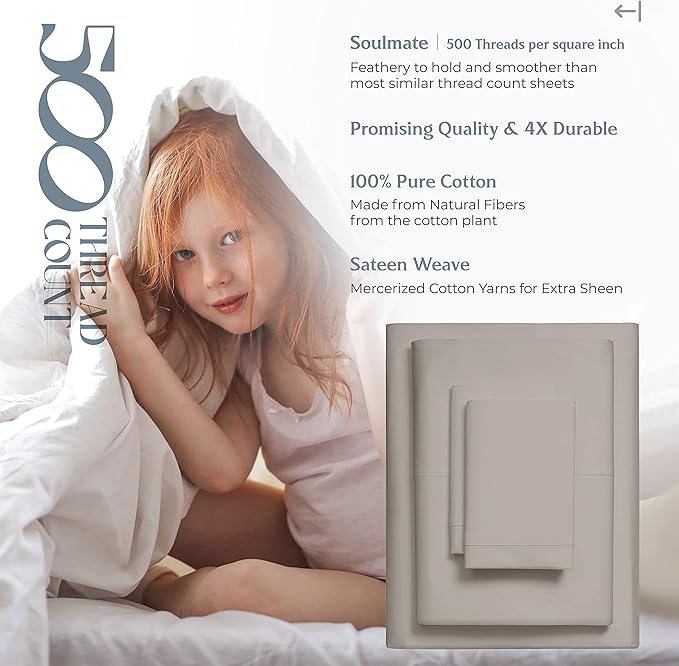 Mayfair Linen 500 Thread Count Twin XL Cotton Sheets - 3 PC Twin XL Size Bed Sheet Set Cotton (Taupe), Soft, Cooling, Sateen Hotel-Quality 16" Deep Pocket Bedsheet for Hot Sleepers (Fits 18" Mattress)