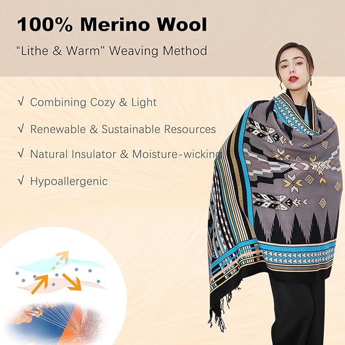 DANA XU 100% Merino Wool Pashmina Shawl for Women 96"x43", Oversized Cashmere Wrap with Tassels, Floral Travel Blanket Cape