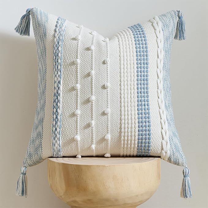 Boho Pillow Cover 18x18 Coastal Blue - Handmade Woven Textured Throw Pillow Case with Cordings & Tassels, Decorative Accent for Couch Sofa Farmhouse Living Room Home Decor