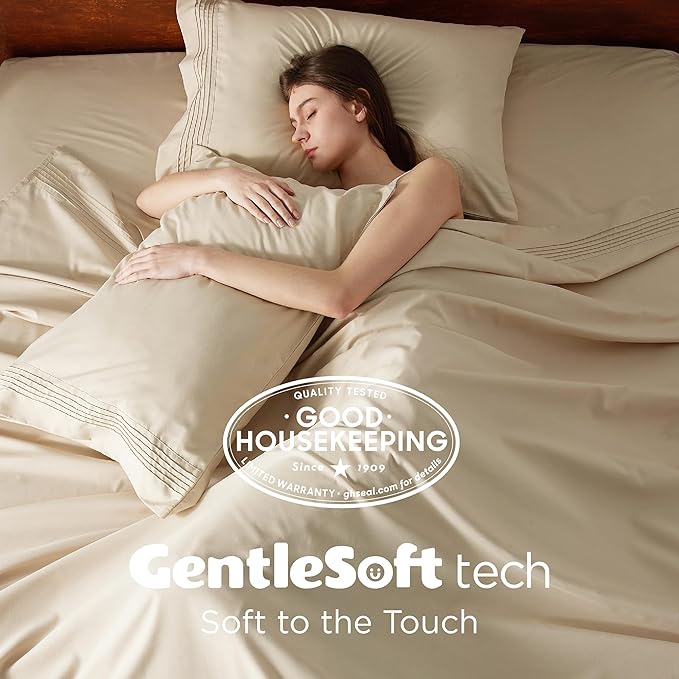 Bedsure Deep Pocket Queen Sheets Set - Fits Mattresses Up to 21 Inches Thick - 4 Piece GentleSoft Bed Sheets, Moisture Wicking, Soft & Cooling Bedsheet & Pillowcases, Easy & Secure Fit, Beige