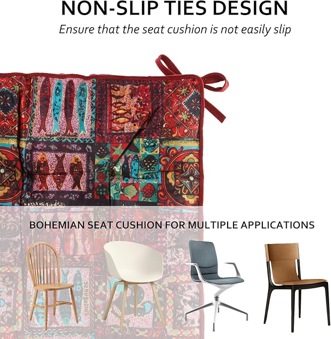 Bohemian Square Seat Cushions for Kitchen Dining Living Tea Room,16.5" x 16.5" Printing Velvet Chair Pads with Non-Slip Ties, 4Packs, Red