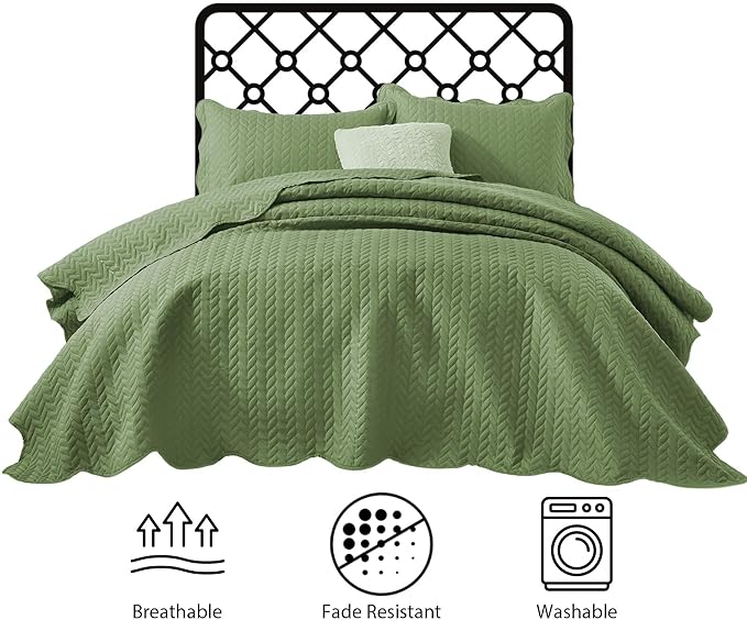 IR Imperial Rooms King Quilt Bedding Set Size (106" x 96") + 2 Pillow Shams (20" x 36"+ 2") - 3 Pcs All Season Lightweight Reversible Microfiber Coverlet Embossed Quilt Bedspread (Olive Green)