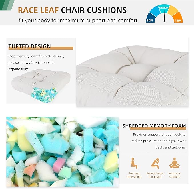 RACE LEAF Patio Chair Cushions 19x19 Inch 4 Pack, Memory Foam Outdoor Seat Cushions Water Resistant with Non-Slip Backing & Tufted Design (Beige)