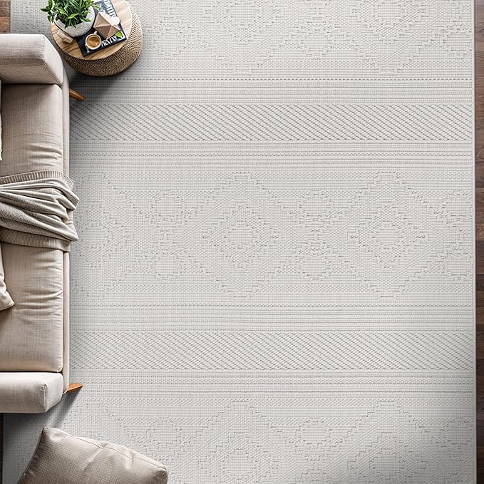 Beverly Rug Micro Loop Large Area Rug White 9x12 Modern Luxury Boho Geometric Durable Indoor Area Rugs for Living Dining Room Office Stain Resistant Non Shedding Casual Indoor Carpet White 9 x 12