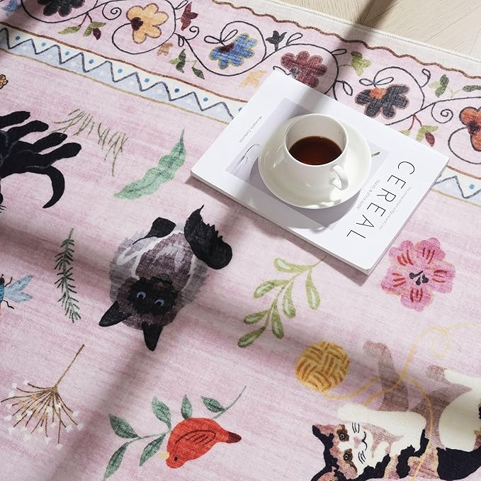 Rugcomf Runner Rug for Kitchen Non Slip 2'6''x8' Washable Rugs with Rubber Backing Soft Floral Animal Cat Carpet Runner for Kitchen Laundry Bedroom Bathroom, Pink