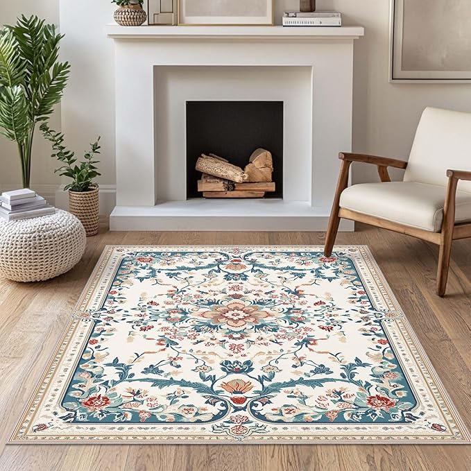 4x6 Boho Area Rug Beige Oriental Rug Non Slip Low Pile Large Carpet for Home Kitchen Living Room Bedroom Dining Room Office