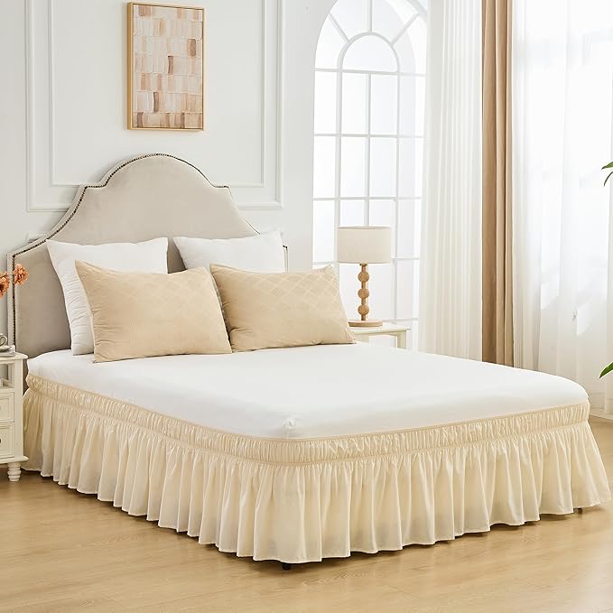 BISELINA Wrap Around Bed Skirts 17" Drop, Cotton Adjustable Elastic Dust Ruffles Easy Fit Wrinkle & Fade Resistant Soft Cozy Elegant Luxurious Bedding - Beige, Queen Size