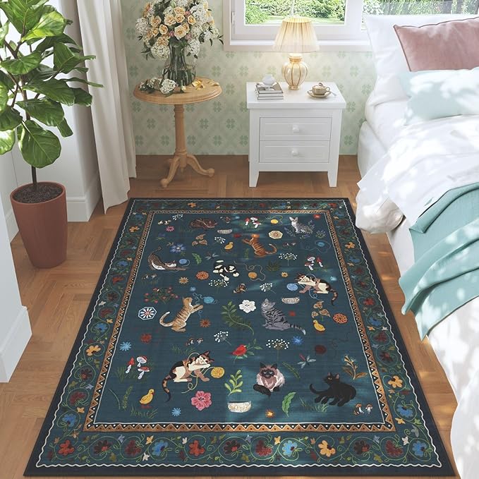 Rugcomf Area Rug 4x6 Rug Washable Boho Rugs Non Slip Low Pile Floral Animal Cat Small Carpet for Bedroom Bedside Kids Room Office Dining Room, Pearl Gentian Blue