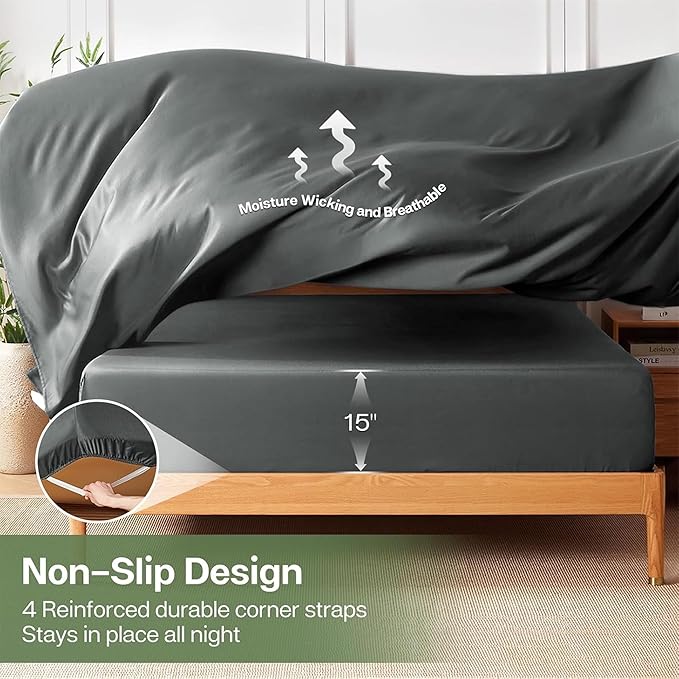 MR&HM Fitted Sheet & Pillowcase Set Queen, 3-Piece Blend Rayon Derived from Bamboo, Silky Soft & Breathable, 15" Deep Pocket with Elastic Straps, Cooling Sheets for Hot Sleepers, Dark Grey
