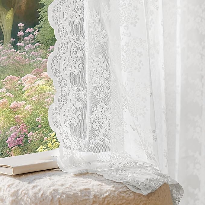 Anmao Vintage Lace Curtains 120 Inches Long 2 Panels Set, Romantic Elegant Light Filtering Semi Sheer Floral Thick Lacy Curtain Drapes for Living Room and Bedroom, Each Panel 55W x 120L, Bright White