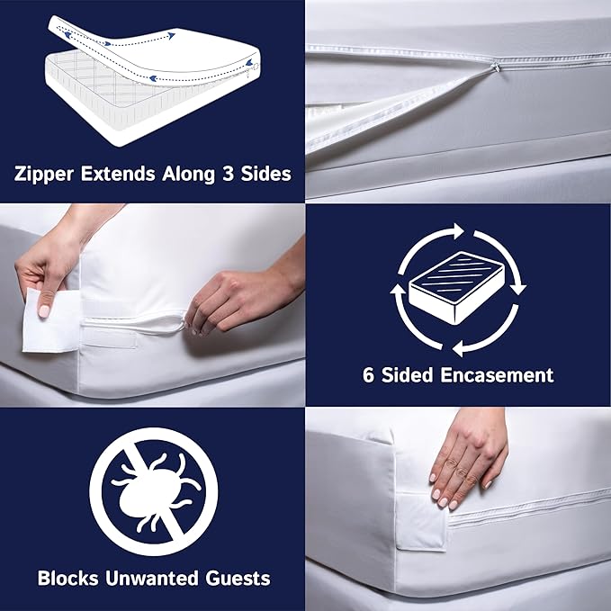 Zippered Waterproof Mattress Encasements - Hypoallergenic Mattress Protector Cover with Soft Cotton Terry Fabric Top - Queen Size 60' x 80'