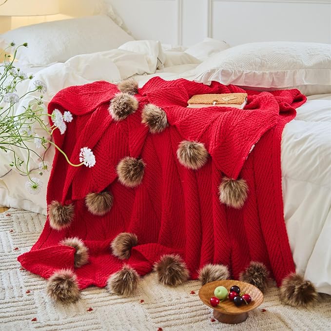 vctops Christmas Fur Pom Pom Knit Throw Blanket Super Soft Warm Cozy Cable Knitted Blanket for Sofa and Couch 51 x 63 Inch Red