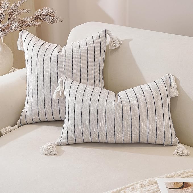 Decorative Boho Throw Pillow Covers 20x12 Inch Set of 2, Textured Linen Striped Lumbar Throw Pillows with Tassels, Farmhouse Decor Cushion Covers for Couch Bed Living Room, Dusty Blue
