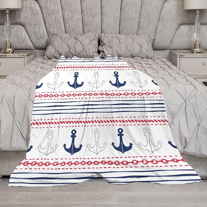 Anchor Blanket Vintage Navy Blue Red Stripe Nautical Anchor Abstract Art Printed Soft Cozy Lightweight Throw Blanket for Kids Girls Boys Women Bedroom Living Room Dorm Chair Sofa Travel 60x80in