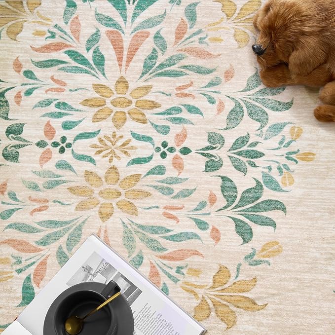 jinchan Round Rug 5ft Area Rugs Vintage Floral Distressed Design, Machine Washable Soft Non-Slip Low-Pile Ultra-Thin Circle Rug for Entryway Living Room Dining Room Bedroom (5' Round, Apricot Multi)