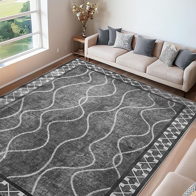 Area Rugs 6x9 Washable Rug, Non-Slip Rugs for Living Room, Low Pile Bordered Rugs Alfombras, Large Print Rubber Backing Indoor Carpet for Home Decor Bedroom Nursery Dining Room, Dark Grey