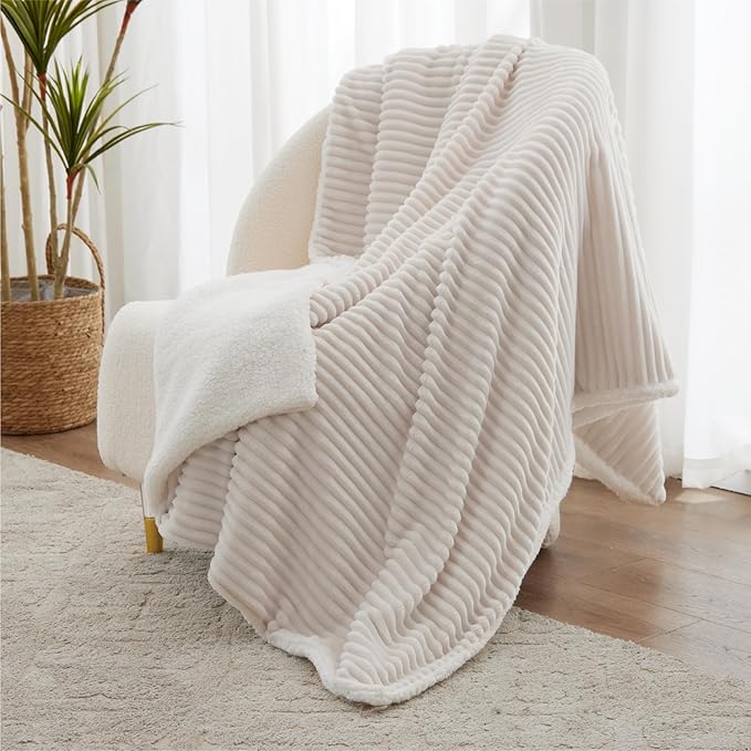 Sherpa King Size Sofa Blanket - Warm King Blanket reversible, Fuzzy, Cream, 108 x 90 Inches