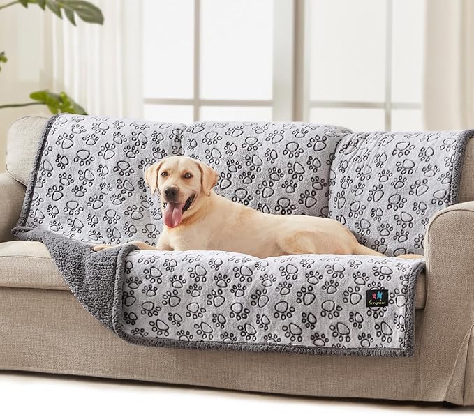Luciphia Waterproof Pet Blankets for Couch Sofa Bed Cover Liquid Pee Proof Washable Soft Fluffy Large Dog Blanket Reversible Furniture Protection Paw Grey Large（65" x 57"）