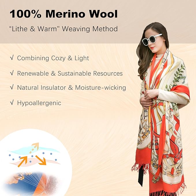 DANA XU 100% Merino Wool Extra Large Pashmina Blanket Travel Scarf Cashmere Wrap for Women Fall Winter Oversize Shawl Floral