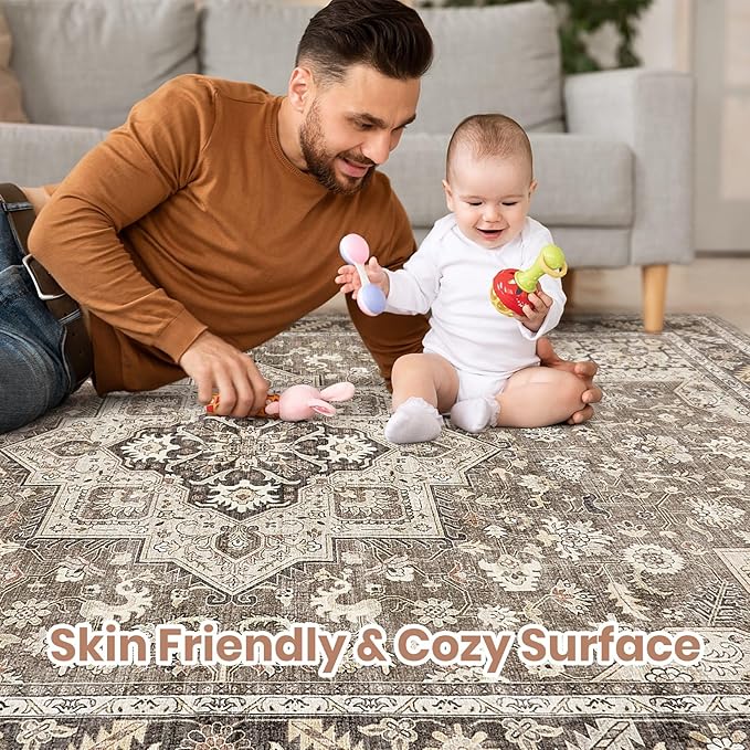 Vintage Living Room Area Rug 5x7 - Large Soft Washable Oriental Traditional Distressed Farmhouse Rugs for Bedroom - Indoor Floor Accent Carpet for Home Office House Decor - Brown