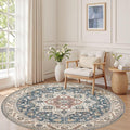 6ft Round Vintage Living Room Area Rug - 6x6 Large Soft Washable Oriental Traditional Distressed Farmhouse Rugs for Bedroom - Indoor Floor Accent Carpet for Home Office House Decor - Vintage Blue
