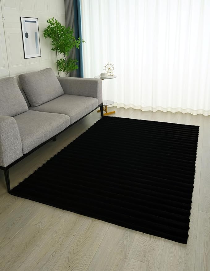 GLORY RUGS Area Rugs Striped Soft Faux Rabbit Fur Rug 8x10 Becky Black Plush Carpet Shag Cozy Fluffy Rug Non Slip Rugs, Machine Washable Shaggy Area Rug Bedroom Living Room and Dining Room.