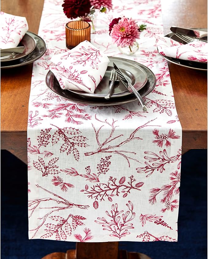Solino Home 100% Pure Linen Christmas Table Runner 120 Inches Long - Red/White Table Runner 14 x 120 Inch - Handcrafted and Machine Washable - Winter Forest Print