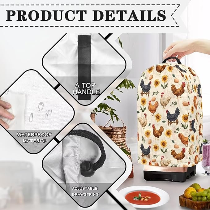 Cute Rooster Blender Dust Cover, Stand Mixer or Coffee Maker Appliance Covers with Drawstring, Anti Fingerprint Dust Stain Resistant Blender Cover for Home Kitchen