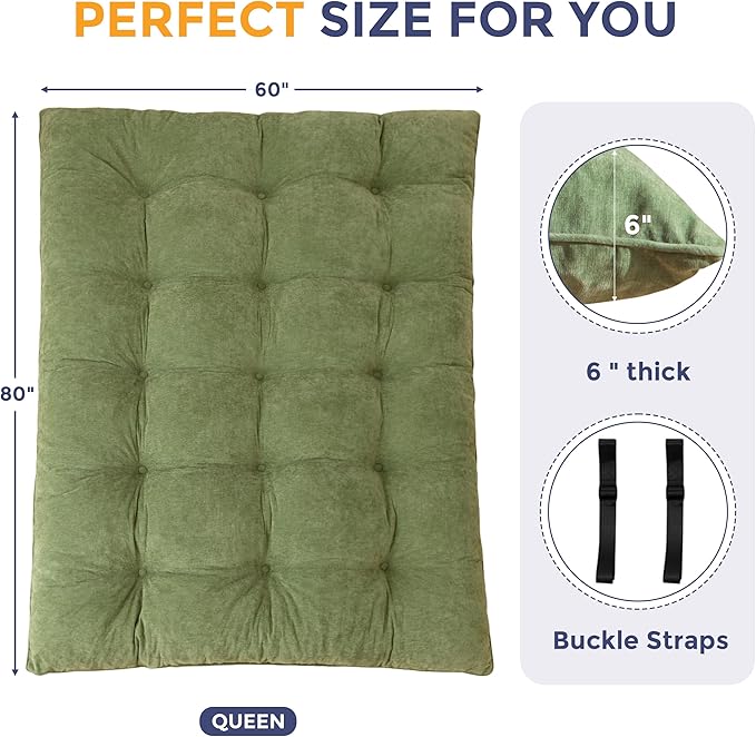 MAXYOYO Japanese Floor Mattress Queen Size, 6" Foldable Futon Mattress Tufted Roll Up Floor Bed, Thick Chenille Tatami Mat Sleeping Pad for Camping Guest Room Dormitory Bedroom RV, Green