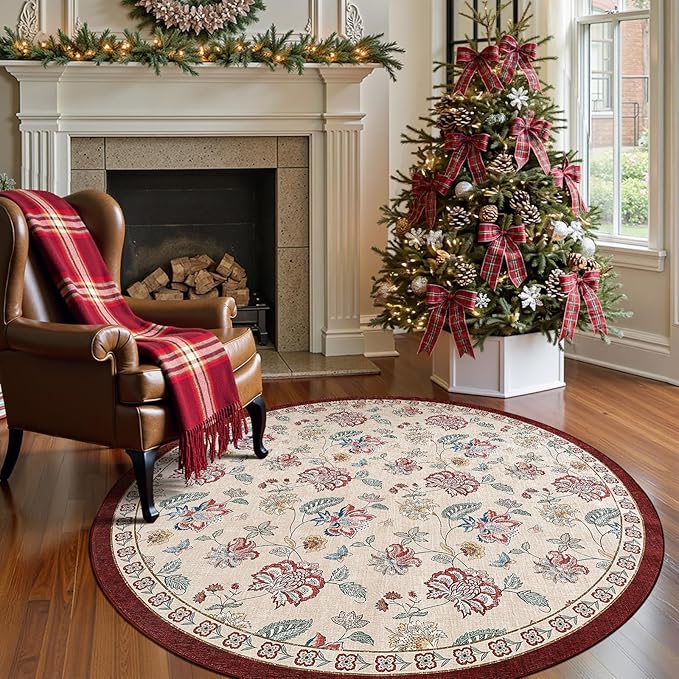 jinchan Elora 5ft Floral Round Rug for Entryway Washable Rug Vintage Romance Christmas Design Non Slip Indoor Doormat Lightweight Low-Profile Throw Carpet for Living Room Dining Room, Red/Beige