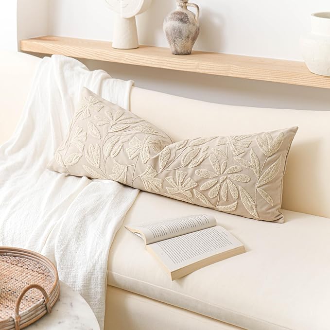 BlissBlush Light Beige Velvet Decorative Long Lumbar Pillow Cover 14x36, Neutral Floral Soft Body Pillow for Bed, Accent Lumbar Throw Pillow for Bedroom, Modern Farmhouse Textured Pillowcase
