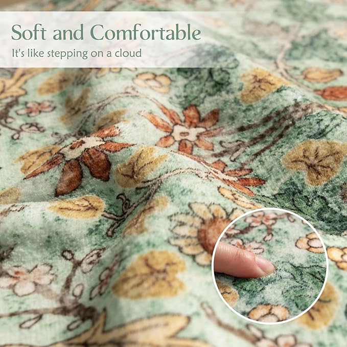 MUJOO 2x3 Washable Rug,Green Floral Small Area Rugs for Bathroom Entryway Entry Bedroom Bedside,Boho Front Door Mat Indoor Entrance Throw Carpet Botanical Vintage Non Slip Ultra-Thin