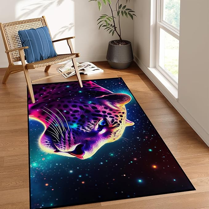 Galaxy Leopard Rug Fierce Panther Head Area Rugs for Boys Kids Bedroom Living Room Gameroom Girls Glitter Carpet Floor Mat Throw Rugs 59 in x 39 in