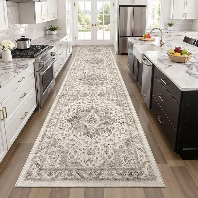 Vintage Hallway Runner Rug 3x10: Large Soft Washable Entryway for Kitchen Laundry Room Non-Slip Backing Runner for Entrance Living Room Bedroom Bathroom - Light Brown