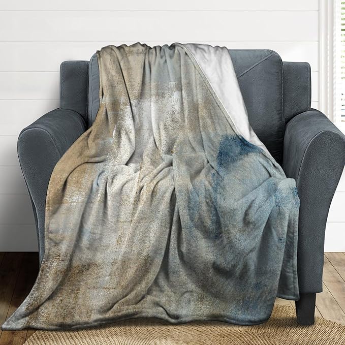 Abstract Gradient Blanket, Modern Fashion Art Blue Grey Brown Painting Strokes Pattern Soft Warm Cozy Plush Flannel Covers for Livingroom Bedroom Couch Chair Camping Travel Home Decor Tapestry 60x80in